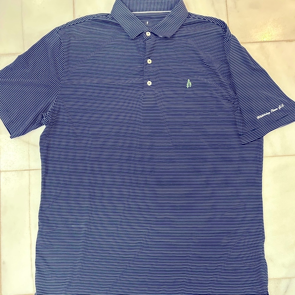 johnnie-O Men’s Golf Polo Navy Stripped. Whispering Pines Golf Club TX Size L